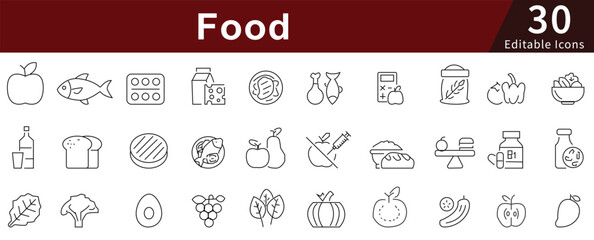 Food Line Icons Set with Editable Stroke for Cooking, Restaurant, Kitchen, and Culinary Applications