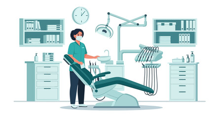 Female Dentist Preparing Dental Chair For Next Patient At Dental Office