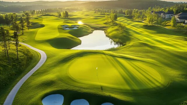 Players tee off on a lush green golf course with water features and gentle hills during a bright morning