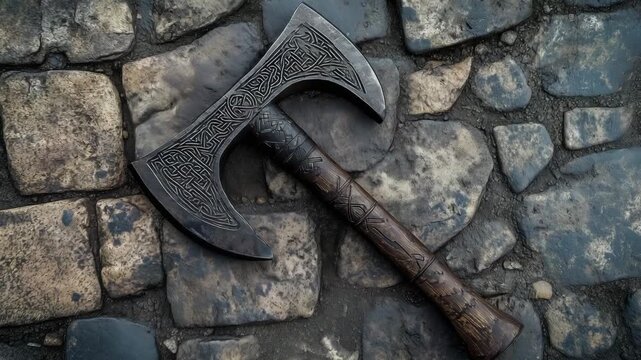 An ancient axe lies on a cobblestone path, revealing detailed engravings and a rich history in its craftsmanship