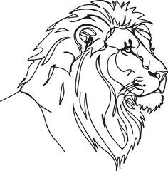 Elegant one-line artwork of a lion in profile, abstract animal drawing in black ink on white canvas, minimalist illustration,