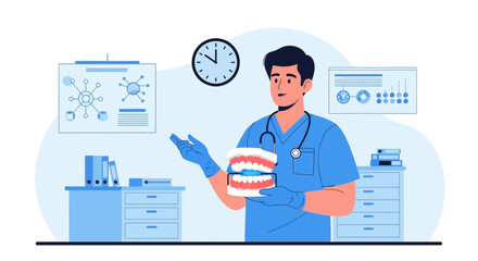 Dentist Explaining Dental Hygiene With Model Of Teeth In Office