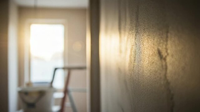 Home improvement project in progress. Close-up on a textured wall with a blurred background showing a ladder and window.