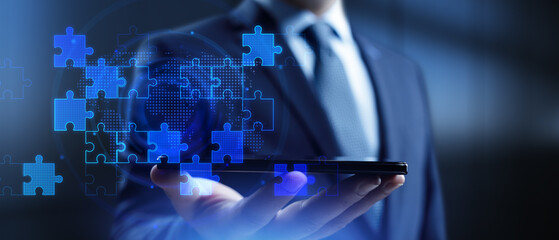 Business Strategy and Global Collaboration Concept with Digital Puzzle Integration.