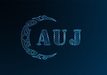 Low poly letter logo AUJ design. AUJ letter logo low poly vector design on blue color gradient background. AUJ logo low poly design