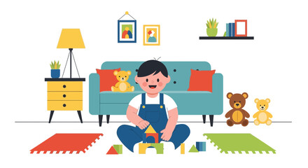 Child Playing With Blocks At Home Building A Colorful Toy House On The Floor