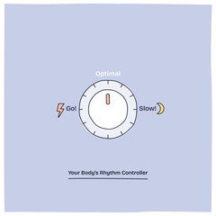 Autonomic nervous system balance is shown as a dial with optimal, fast (Go.), and slow (Slow.) settings, symbolizing body rhythm control. Doodle style diagram