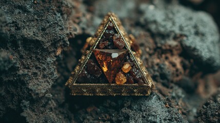 Ornate triangular trinket, amber and dark stones, set on rough volcanic rock