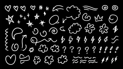 Hand-Drawn Doodle Elements Set. Sketchy Hearts, Stars, Arrows, and Symbols on Black Background. Vector Illustration.