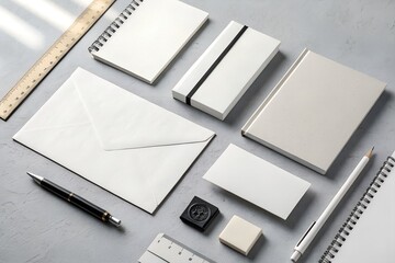 Modern Minimalist Stationery Mockup, Blank Notepads, Envelope, Business Card, Pen, and Pencil on Gray Background.