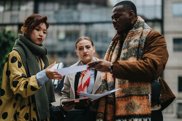 A diverse group of people engaging in a discussion and reviewing documents together, showcasing...