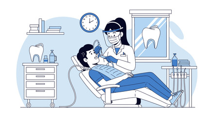 Dentist Working On Patient Teeth With Tools In A Modern Clinic Cartoon