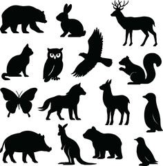 Black Animal Silhouette Vector Set — Bear, Deer, Owl, Rabbit, Penguin, Wolf, Kangaroo, Cat, Bird, Squirrel, Butterfly, and Forest Wildlife Icons on Transparent Background