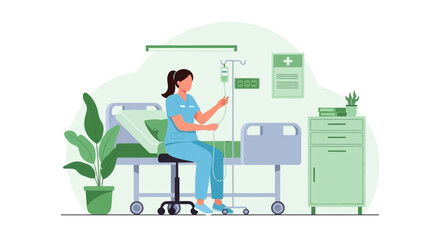 Modern Hospital Room With Nurse Preparing Intravenous Infusion Drip