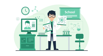 Modern Science Classroom Illustration Featuring a Cartoon Scientist And Chemistry