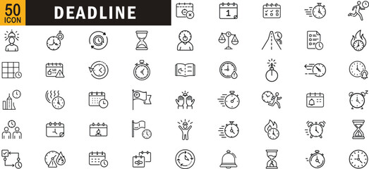 Deadline editable outline icon set. Time, urgency, alarm, countdown, stopwatch, schedule, pressure, and more.
