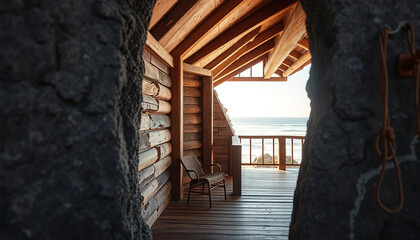 Obraz premium A raw timber structure folded into a granite seam, its narrow veranda framed by rusted iron and the sound of distant surf.