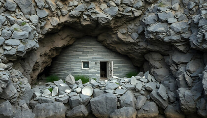 A hidden retreat nestled in a rocky alcove, its facade composed of layered slate and oyster shell, blending with the crumbling cliff.