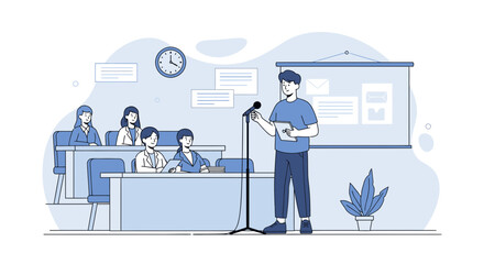 Conference Presentation With Speaker And Audience In Classroom Illustration