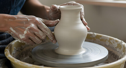 Potter shaping a clay vase on a spinning wheel with hands covered in clay, the art of shaping pottery, crafting beautiful pottery with clay hands