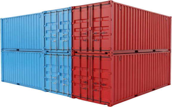Stacked cargo containers blue and red with visible doors and latches isolate