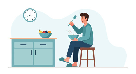 Morning Routine Man Enjoying Cereal In Cozy Kitchen Environment