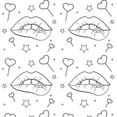 Seamless pattern with black hearts lollypops, stars and lips in black on white background for holidays, valentine's day, wallpapers, wrapping, marketing, packaging