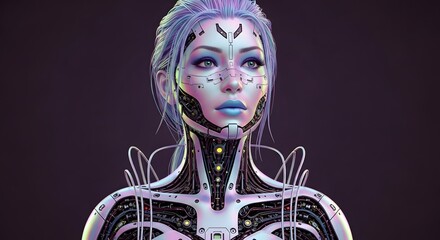 A beautiful iridescent woman cyborg with intricate wiring and circuitry on her facde and skin - Cyberpunk, android robot bionic - Female artificial intelligence - Science fiction chrome robot girl.