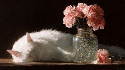 White cat and pink carnations still life