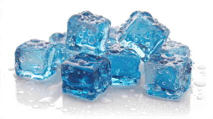 Obraz premium blue frozen ice cubes on white isolated background with water droplets. The concept of freshness and coolness