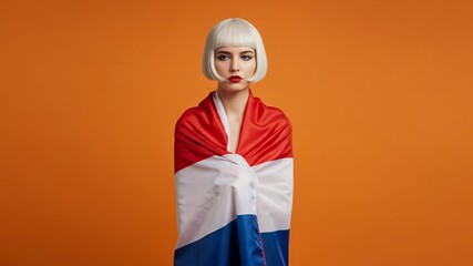 A beautiful young woman with a blonde bob haircut and red lipstick is wrapped in the flag of the Netherlands, looking away thoughtfully against a vibrant orange studio background. - Powered by Adobe