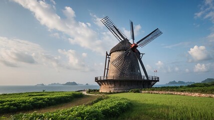 Fototapeta premium A historic windmill stands majestically against the sky, surrounded by lush fields and the ocean in the background.