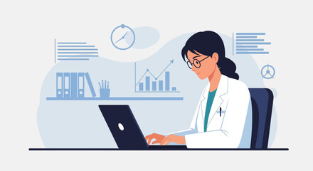 Doctor Analyzes Data On Laptop In Clinic Working On Health Report