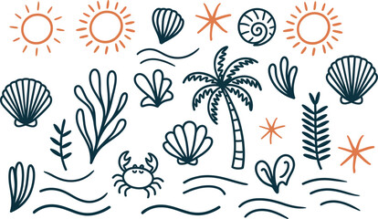 Charming hand drawn doodle collection featuring tropical beach elements like seashells palm trees and marine life