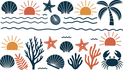 Whimsical hand drawn beach and ocean life collection featuring seashells starfish palm trees and sunsets