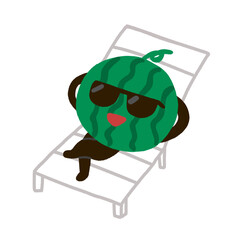 スイカのキャラクターがビーチチェアでのんびりしているところ