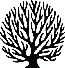 Stylized black and white silhouette of a bare tree with intricate branching patterns against a white background