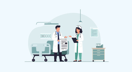 Doctor And Nurse Discussing Medical Report In A Hospital Setting Clinic Concept