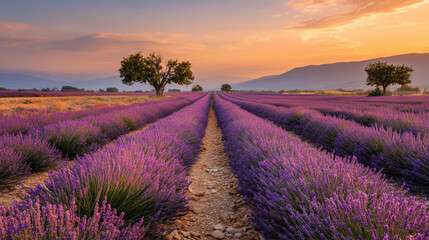 Obraz premium Lavender Field at Sunset Blooming with Purple Flowers in Provence