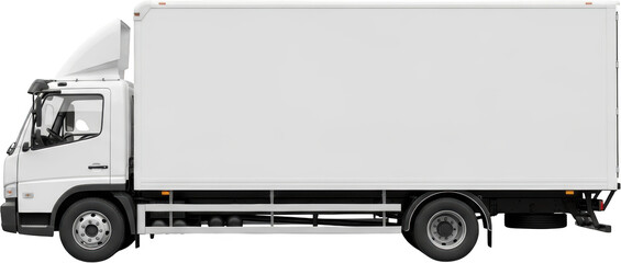 White box truck with aerodynamic cab side view isolated on black delivery truck transparent background