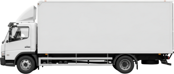 White box truck with aerodynamic cab side view isolated on black delivery truck transparent background