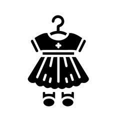 Illustration of a baby dress with short sleeves and a hanger, along with a pair of baby shoes below it