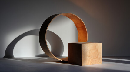 Minimalist Wooden Sculpture: Light and Shadow on a Floating Circle and Cube 