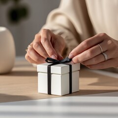 A woman is carefully opening a small white gift box that has a black bow on it