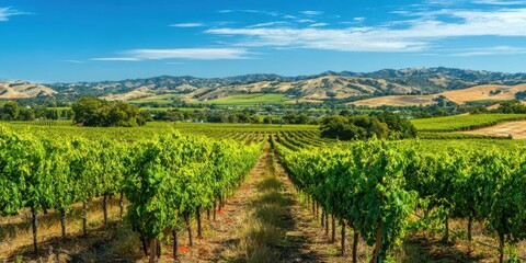 Fototapeta premium The Lush Vineyard with Rolling Hills Under a Bright Blue Sky