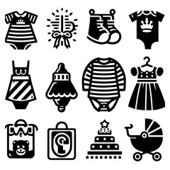 Collection of baby themed icons featuring clothing gifts and accessories in a simple black and white style