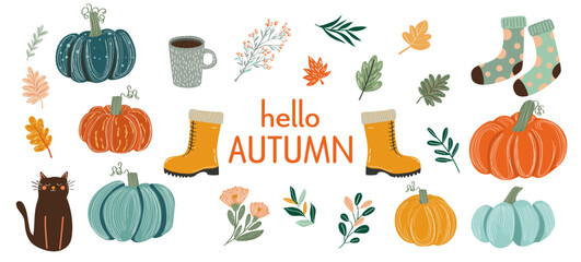 Autumn greetings filled with cozy vibes and vibrant colors in a seasonal arrangement of pumpkins and foliage