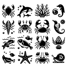 Illustration of various marine life including crabs, fish, seahorses, and other sea creatures in black