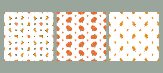 Colorful autumn patterns featuring pumpkins, leaves, and boots in a joyful seasonal display