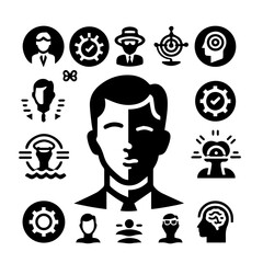 Collection of business and personal development icons featuring a central face image in black and white